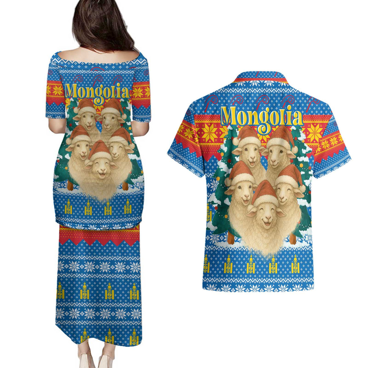 Mongolia Christmas Couples Matching Puletasi and Hawaiian Shirt with Santa Sheep Christmas Trees and Snowflake - Wonder Print Shop