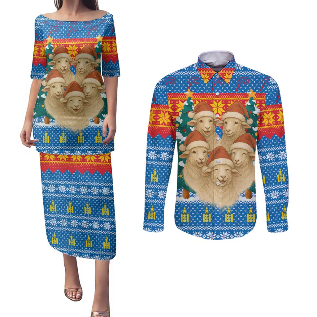 Mongolia Christmas Couples Matching Puletasi and Long Sleeve Button Shirt with Santa Sheep Christmas Trees and Snowflake - Wonder Print Shop