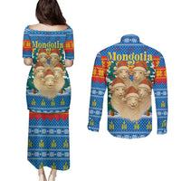 Mongolia Christmas Couples Matching Puletasi and Long Sleeve Button Shirt with Santa Sheep Christmas Trees and Snowflake - Wonder Print Shop