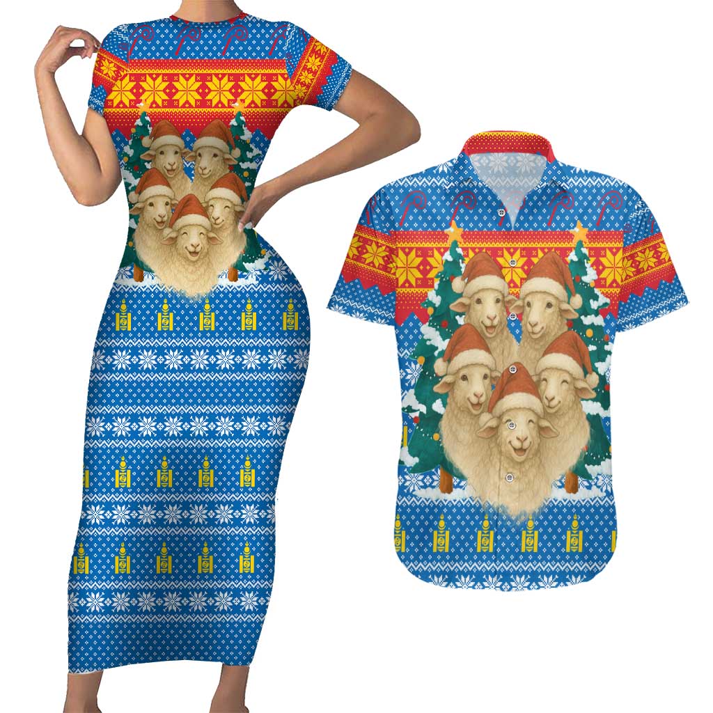 Mongolia Christmas Couples Matching Short Sleeve Bodycon Dress and Hawaiian Shirt with Santa Sheep Christmas Trees and Snowflake - Wonder Print Shop