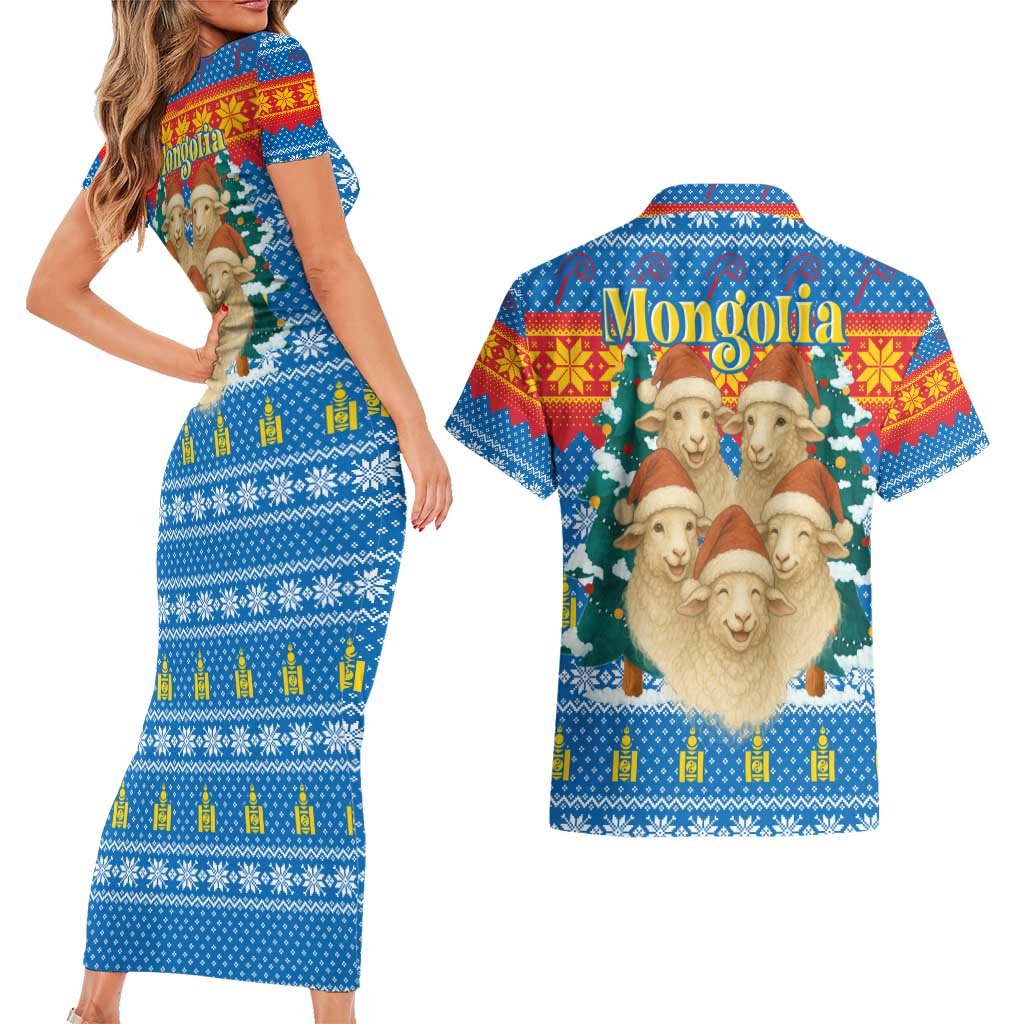 Mongolia Christmas Couples Matching Short Sleeve Bodycon Dress and Hawaiian Shirt with Santa Sheep Christmas Trees and Snowflake - Wonder Print Shop