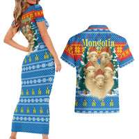 Mongolia Christmas Couples Matching Short Sleeve Bodycon Dress and Hawaiian Shirt with Santa Sheep Christmas Trees and Snowflake - Wonder Print Shop