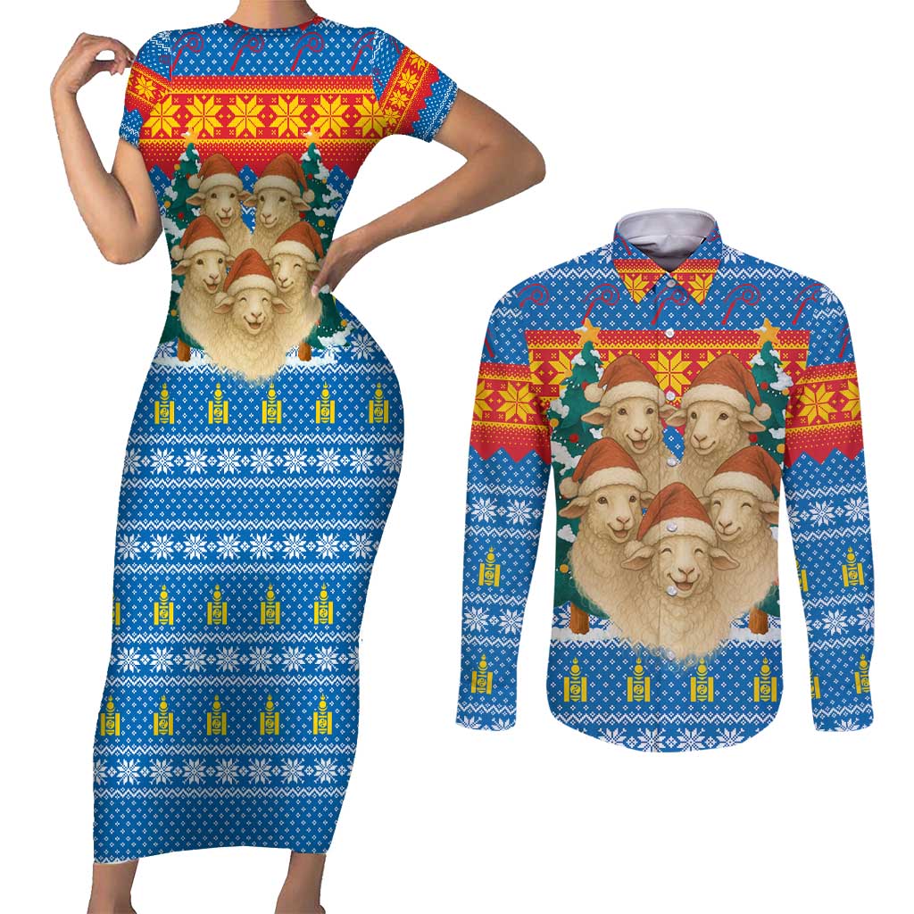 Mongolia Christmas Couples Matching Short Sleeve Bodycon Dress and Long Sleeve Button Shirt with Santa Sheep Christmas Trees and Snowflake - Wonder Print Shop
