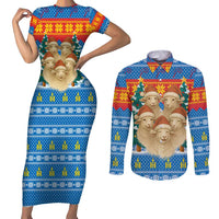 Mongolia Christmas Couples Matching Short Sleeve Bodycon Dress and Long Sleeve Button Shirt with Santa Sheep Christmas Trees and Snowflake - Wonder Print Shop
