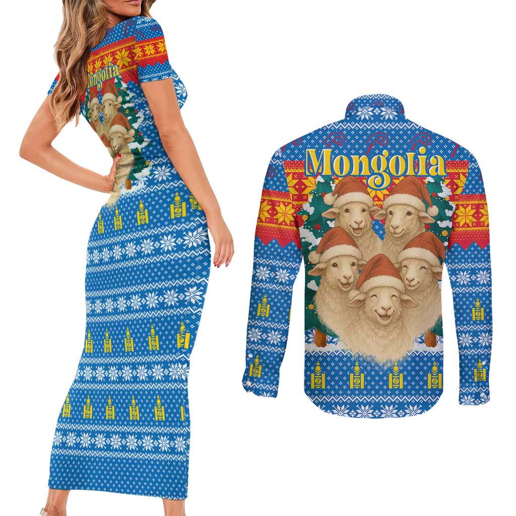 Mongolia Christmas Couples Matching Short Sleeve Bodycon Dress and Long Sleeve Button Shirt with Santa Sheep Christmas Trees and Snowflake - Wonder Print Shop