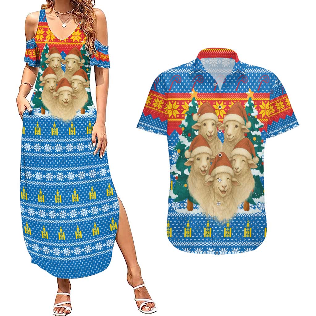 Mongolia Christmas Couples Matching Summer Maxi Dress and Hawaiian Shirt with Santa Sheep Christmas Trees and Snowflake - Wonder Print Shop