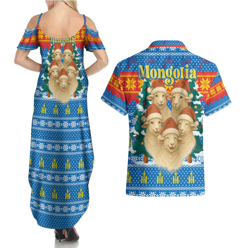 Mongolia Christmas Couples Matching Summer Maxi Dress and Hawaiian Shirt with Santa Sheep Christmas Trees and Snowflake - Wonder Print Shop