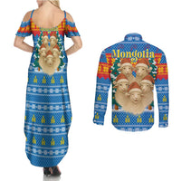 Mongolia Christmas Couples Matching Summer Maxi Dress and Long Sleeve Button Shirt with Santa Sheep Christmas Trees and Snowflake - Wonder Print Shop