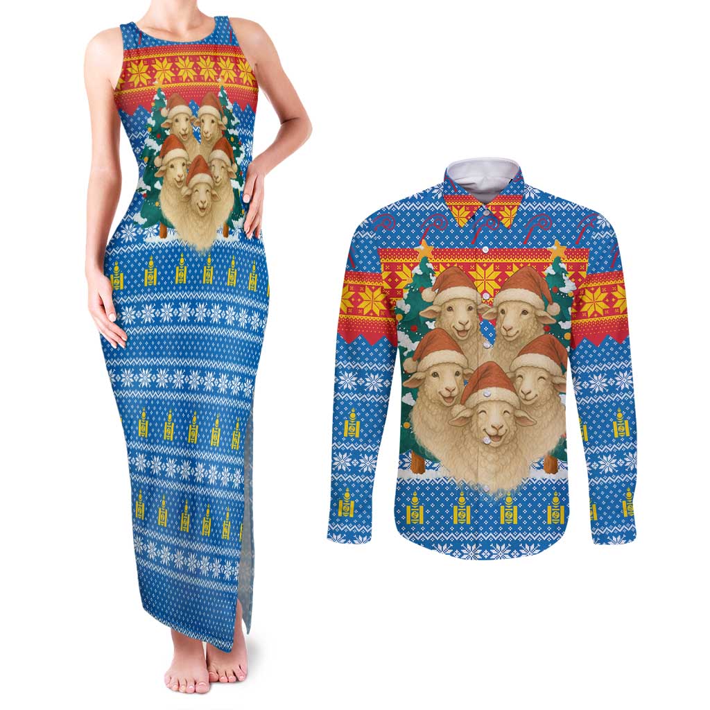 Mongolia Christmas Couples Matching Tank Maxi Dress and Long Sleeve Button Shirt with Santa Sheep Christmas Trees and Snowflake - Wonder Print Shop