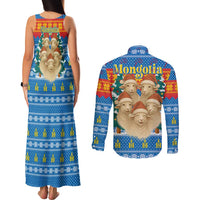 Mongolia Christmas Couples Matching Tank Maxi Dress and Long Sleeve Button Shirt with Santa Sheep Christmas Trees and Snowflake - Wonder Print Shop