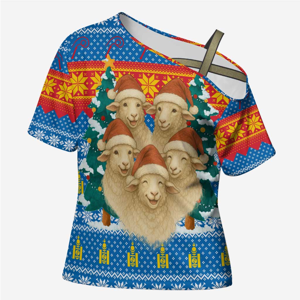 Mongolia Christmas Cross Shoulder Shirt with Santa Sheep Christmas Trees and Snowflake - Wonder Print Shop