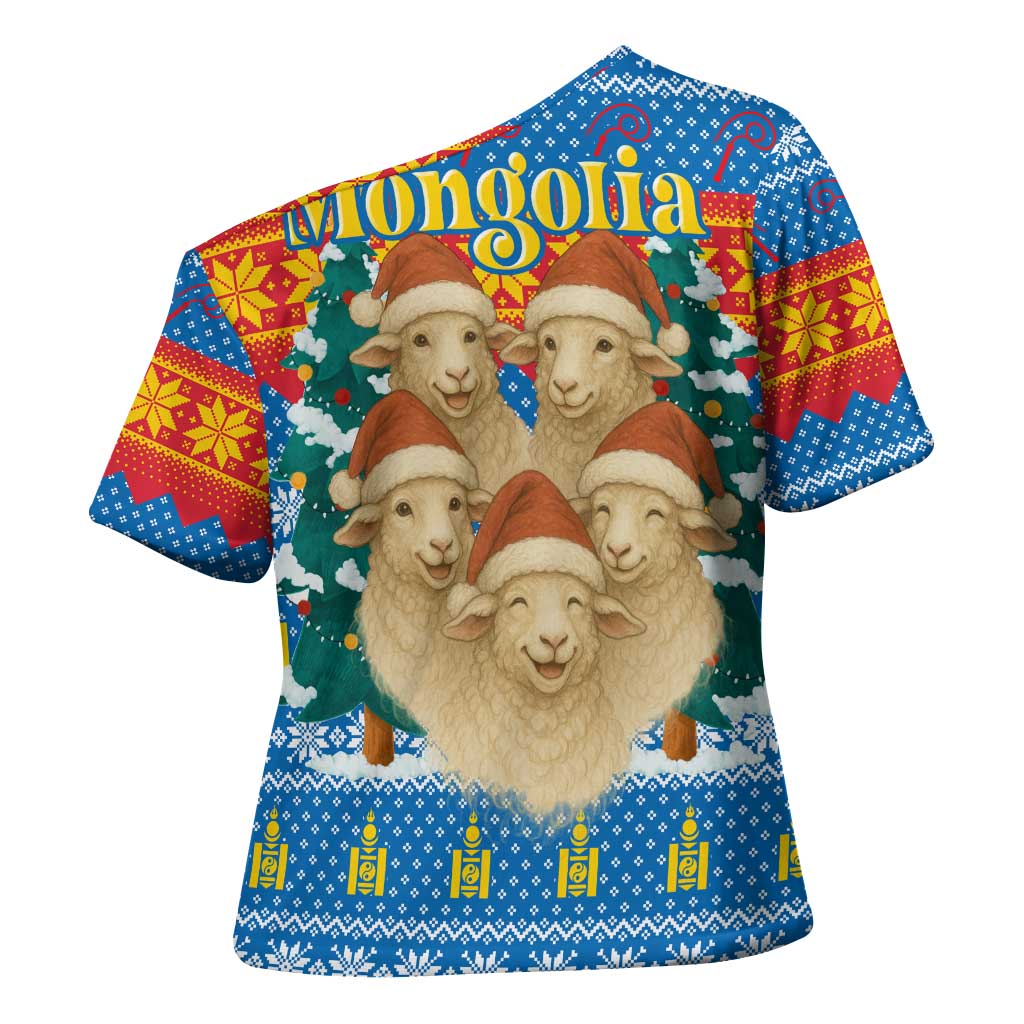Mongolia Christmas Cross Shoulder Shirt with Santa Sheep Christmas Trees and Snowflake - Wonder Print Shop