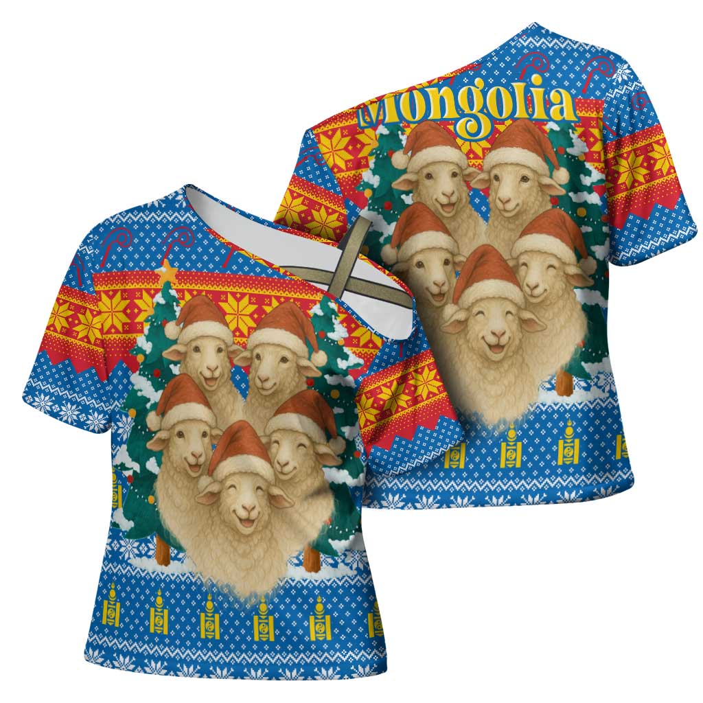 Mongolia Christmas Cross Shoulder Shirt with Santa Sheep Christmas Trees and Snowflake - Wonder Print Shop