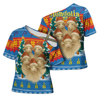 Mongolia Christmas Cross Shoulder Shirt with Santa Sheep Christmas Trees and Snowflake - Wonder Print Shop