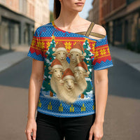 Mongolia Christmas Cross Shoulder Shirt with Santa Sheep Christmas Trees and Snowflake - Wonder Print Shop
