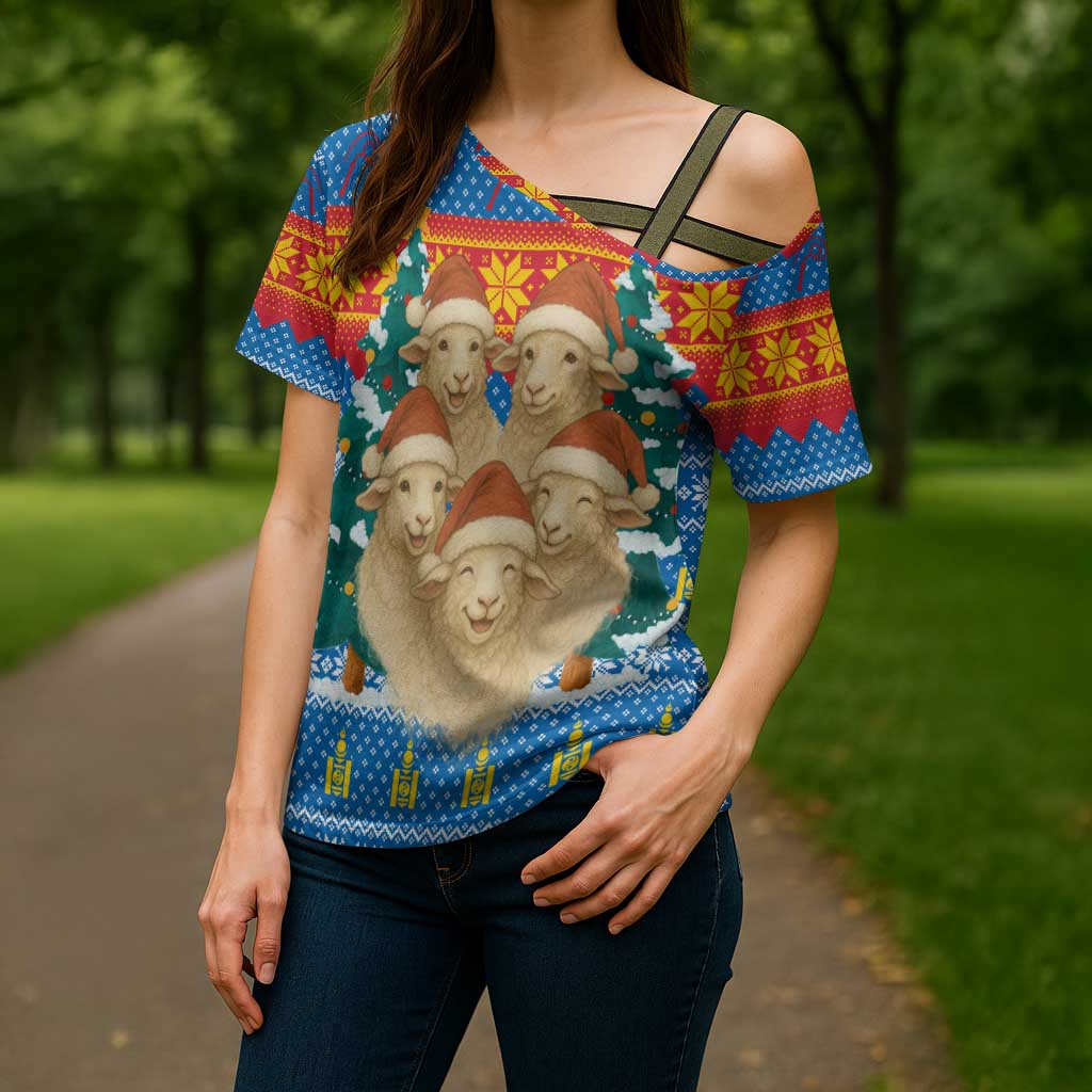 Mongolia Christmas Cross Shoulder Shirt with Santa Sheep Christmas Trees and Snowflake - Wonder Print Shop