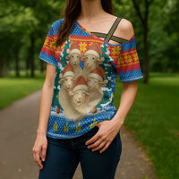 Mongolia Christmas Cross Shoulder Shirt with Santa Sheep Christmas Trees and Snowflake - Wonder Print Shop
