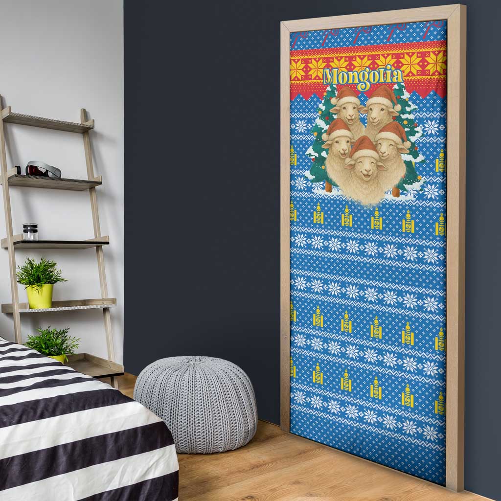 Mongolia Christmas Door Cover with Santa Sheep Christmas Trees and Snowflake - Wonder Print Shop