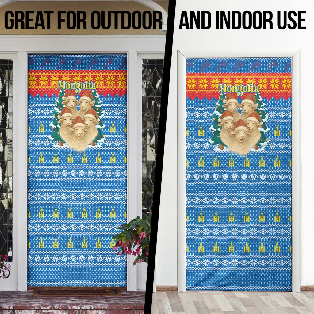 Mongolia Christmas Door Cover with Santa Sheep Christmas Trees and Snowflake - Wonder Print Shop