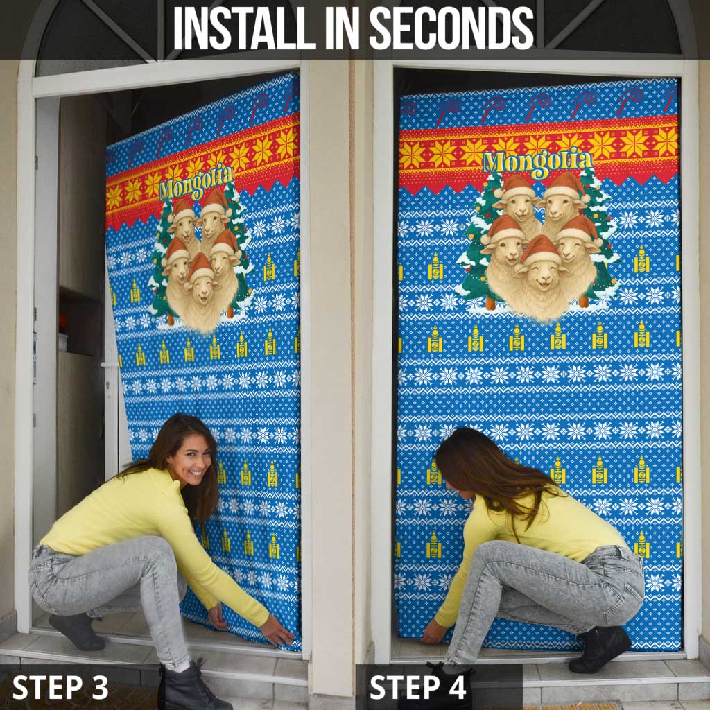 Mongolia Christmas Door Cover with Santa Sheep Christmas Trees and Snowflake - Wonder Print Shop