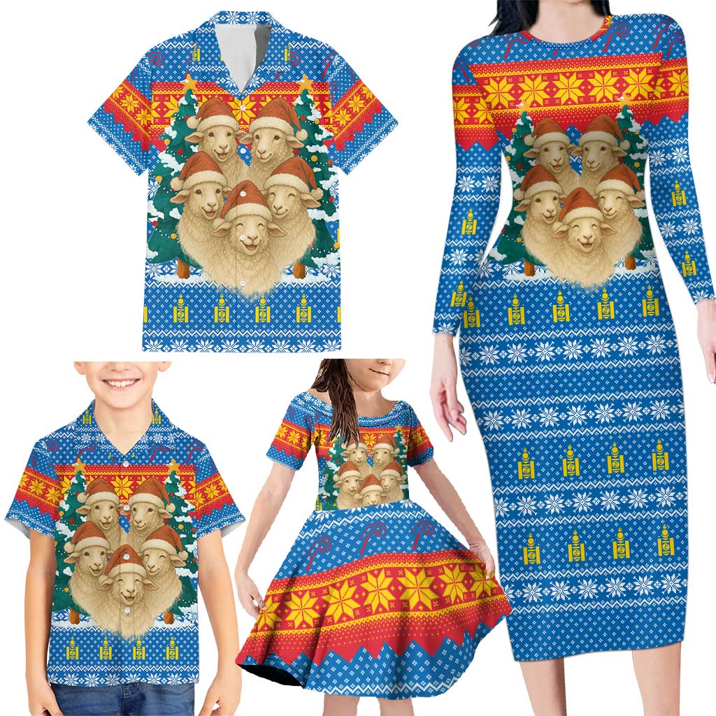 Mongolia Christmas Family Matching Long Sleeve Bodycon Dress and Hawaiian Shirt with Santa Sheep Christmas Trees and Snowflake - Wonder Print Shop