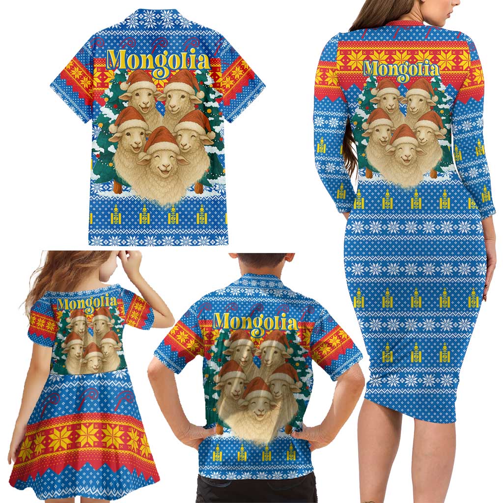 Mongolia Christmas Family Matching Long Sleeve Bodycon Dress and Hawaiian Shirt with Santa Sheep Christmas Trees and Snowflake - Wonder Print Shop