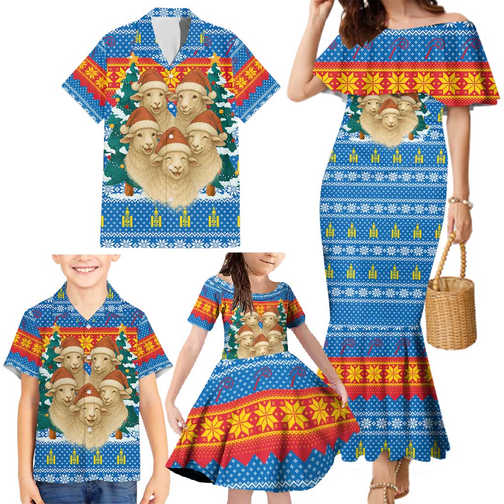 Mongolia Christmas Family Matching Mermaid Dress and Hawaiian Shirt with Santa Sheep Christmas Trees and Snowflake - Wonder Print Shop