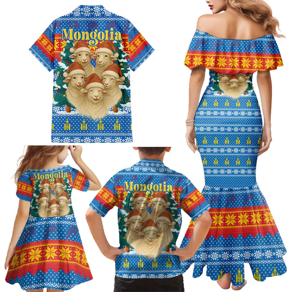 Mongolia Christmas Family Matching Mermaid Dress and Hawaiian Shirt with Santa Sheep Christmas Trees and Snowflake - Wonder Print Shop