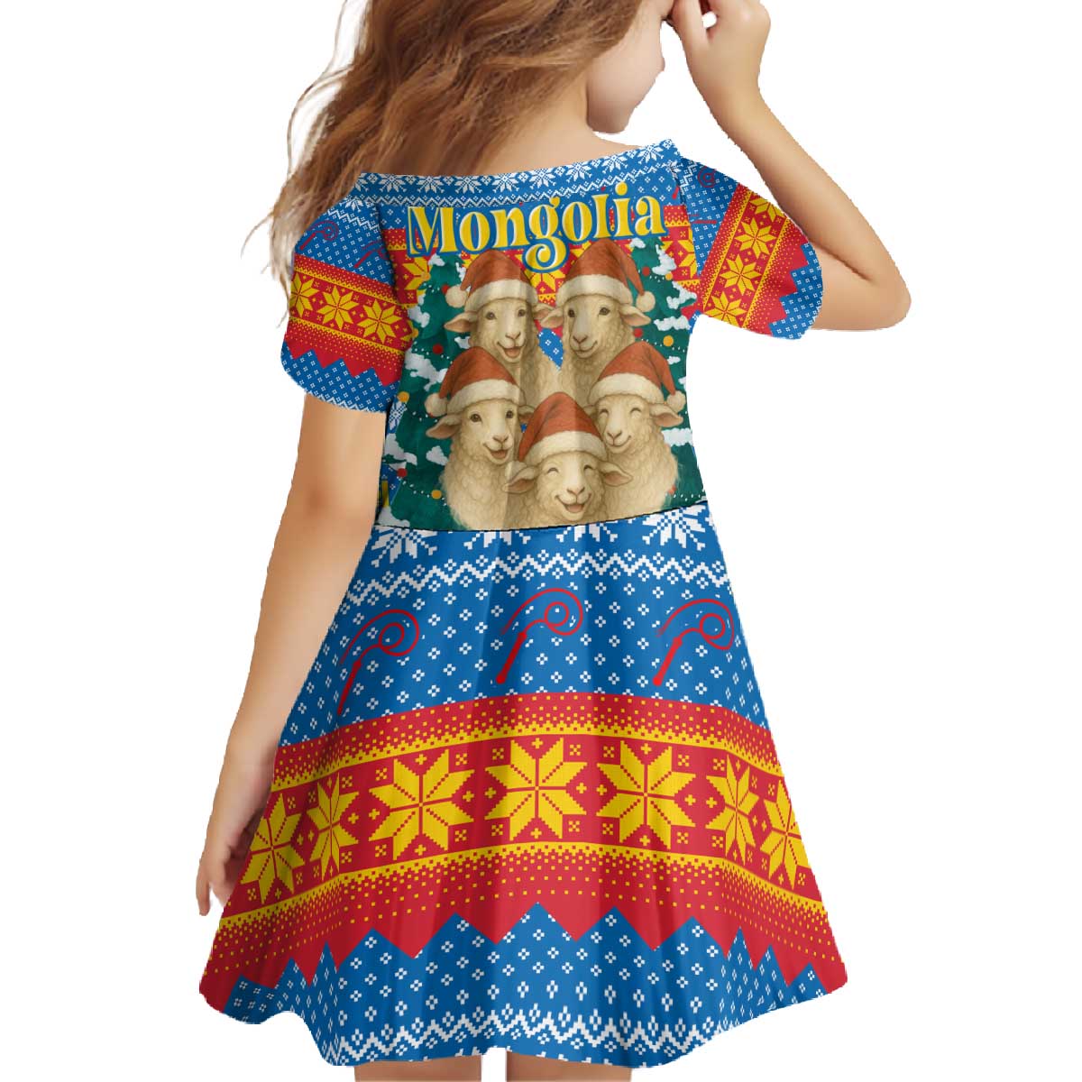 Mongolia Christmas Family Matching Off The Shoulder Long Sleeve Dress and Hawaiian Shirt with Santa Sheep Christmas Trees and Snowflake - Wonder Print Shop