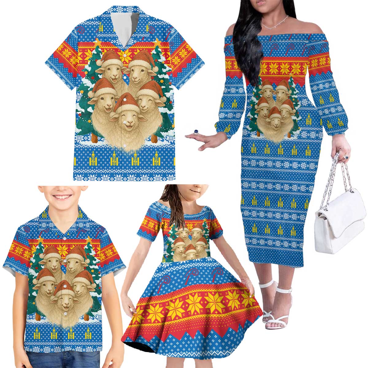 Mongolia Christmas Family Matching Off The Shoulder Long Sleeve Dress and Hawaiian Shirt with Santa Sheep Christmas Trees and Snowflake - Wonder Print Shop