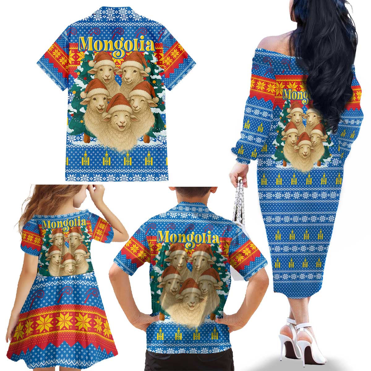 Mongolia Christmas Family Matching Off The Shoulder Long Sleeve Dress and Hawaiian Shirt with Santa Sheep Christmas Trees and Snowflake - Wonder Print Shop
