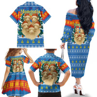 Mongolia Christmas Family Matching Off The Shoulder Long Sleeve Dress and Hawaiian Shirt with Santa Sheep Christmas Trees and Snowflake - Wonder Print Shop