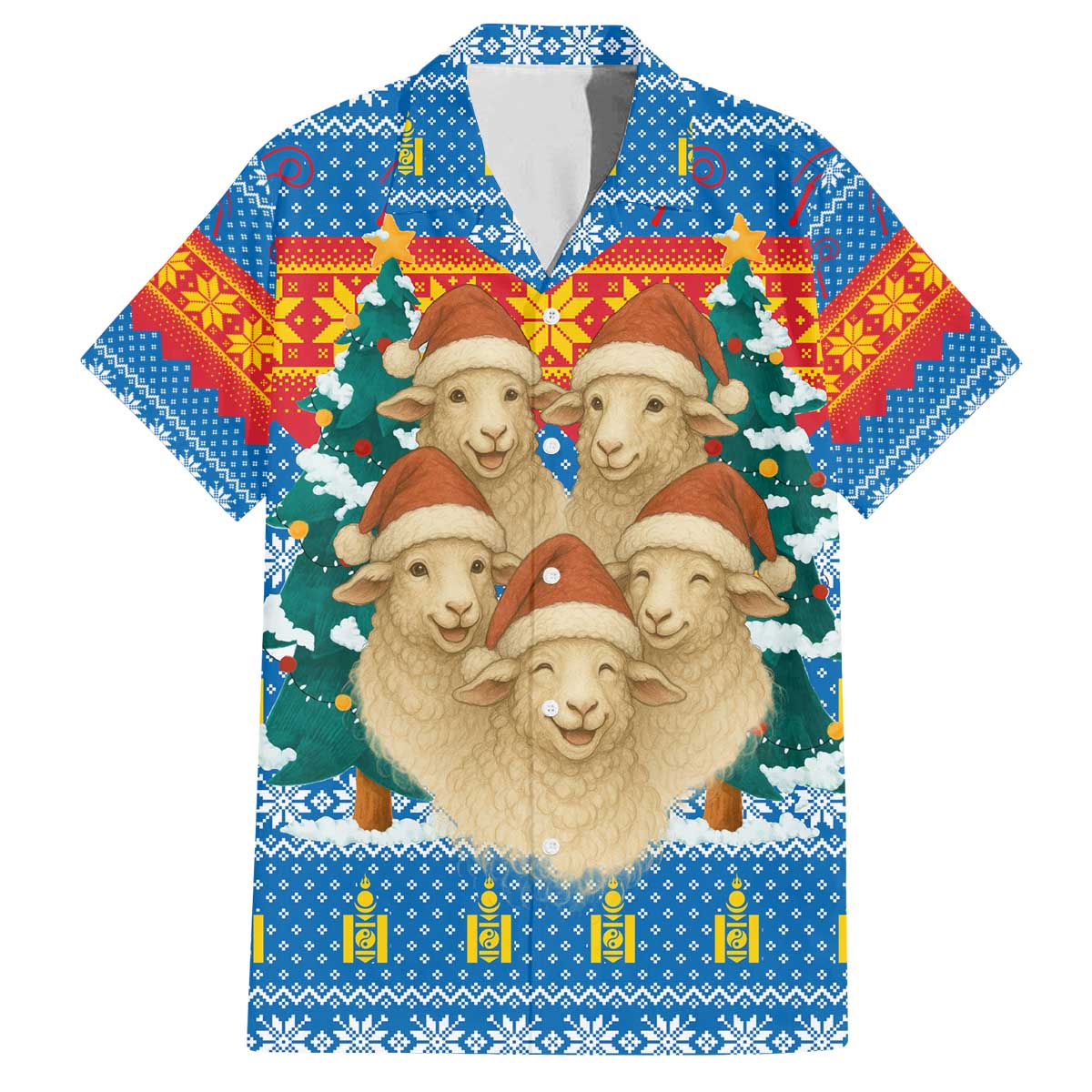 Mongolia Christmas Family Matching Off The Shoulder Long Sleeve Dress and Hawaiian Shirt with Santa Sheep Christmas Trees and Snowflake - Wonder Print Shop