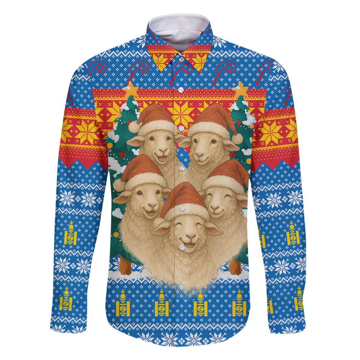 Mongolia Christmas Family Matching Off The Shoulder Long Sleeve Dress and Hawaiian Shirt with Santa Sheep Christmas Trees and Snowflake - Wonder Print Shop
