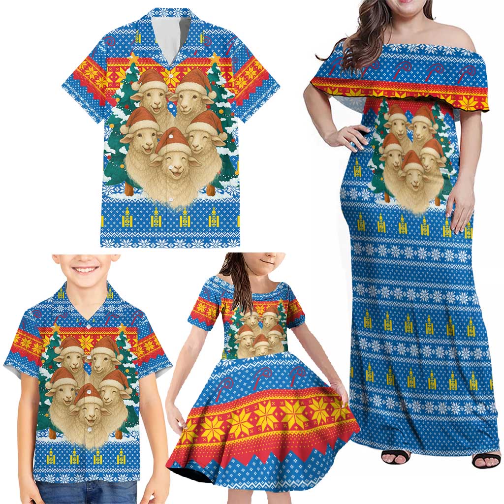 Mongolia Christmas Family Matching Off Shoulder Maxi Dress and Hawaiian Shirt with Santa Sheep Christmas Trees and Snowflake - Wonder Print Shop