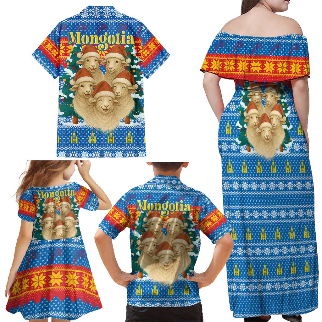 Mongolia Christmas Family Matching Off Shoulder Maxi Dress and Hawaiian Shirt with Santa Sheep Christmas Trees and Snowflake - Wonder Print Shop