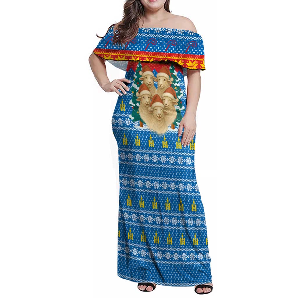 Mongolia Christmas Family Matching Off Shoulder Maxi Dress and Hawaiian Shirt with Santa Sheep Christmas Trees and Snowflake - Wonder Print Shop