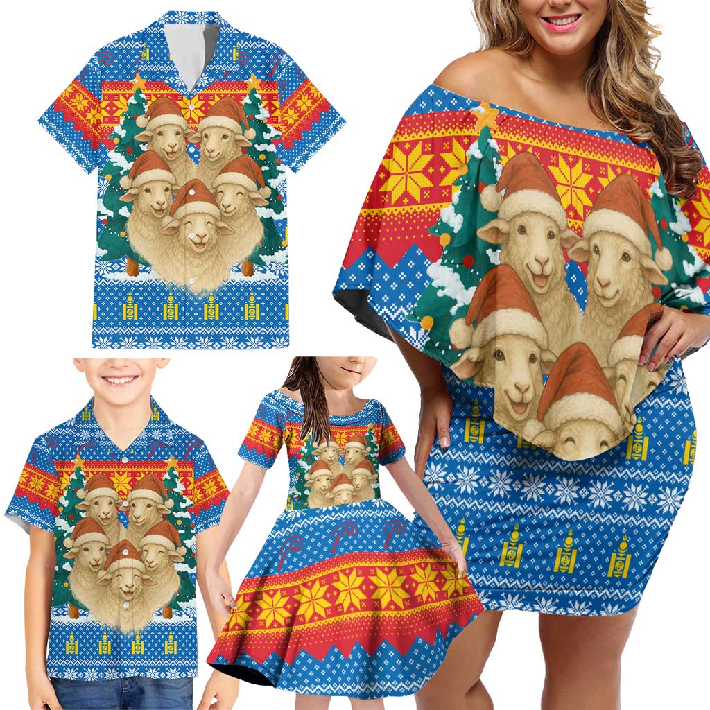 Mongolia Christmas Family Matching Off Shoulder Short Dress and Hawaiian Shirt with Santa Sheep Christmas Trees and Snowflake - Wonder Print Shop
