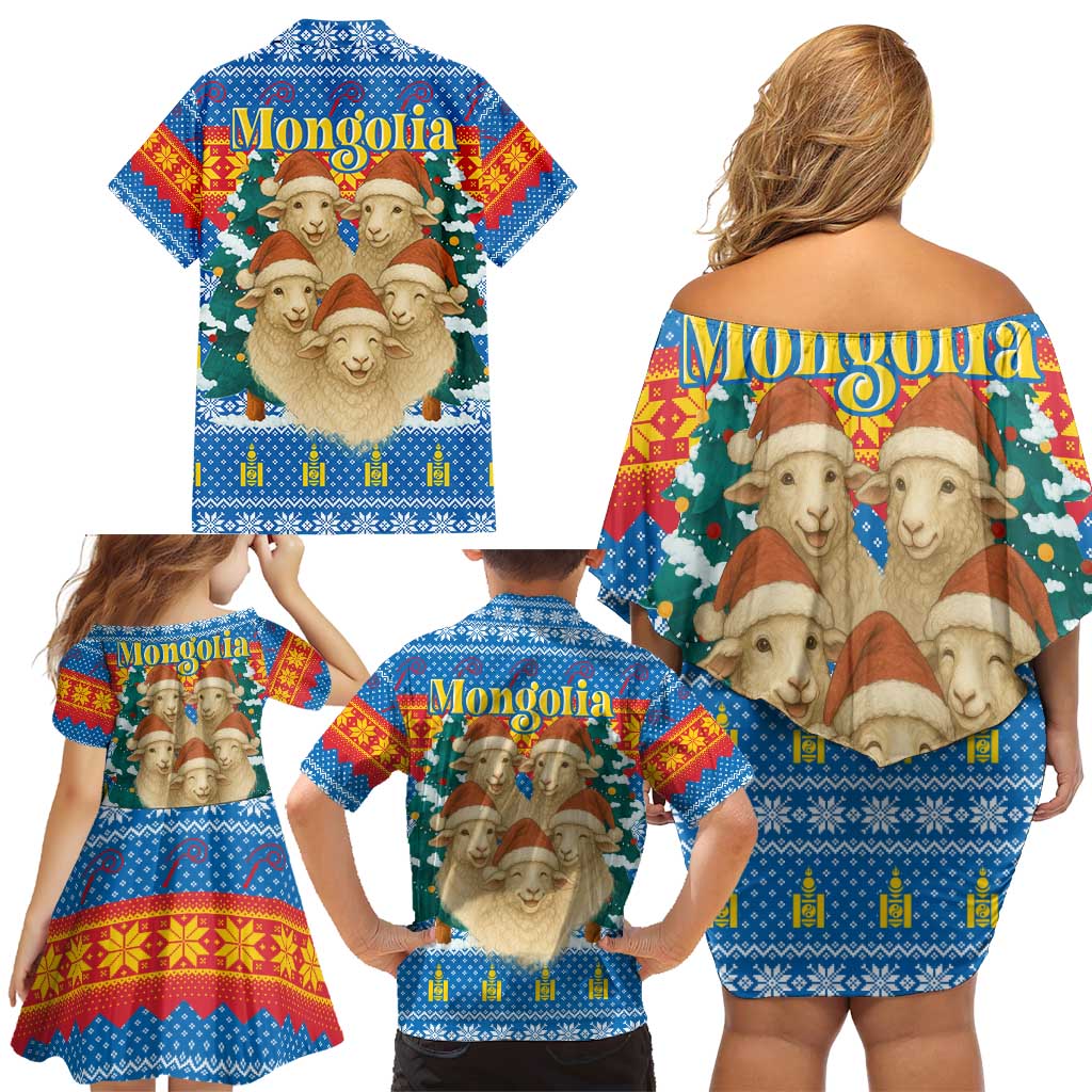 Mongolia Christmas Family Matching Off Shoulder Short Dress and Hawaiian Shirt with Santa Sheep Christmas Trees and Snowflake - Wonder Print Shop