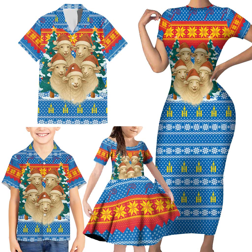 Mongolia Christmas Family Matching Short Sleeve Bodycon Dress and Hawaiian Shirt with Santa Sheep Christmas Trees and Snowflake - Wonder Print Shop