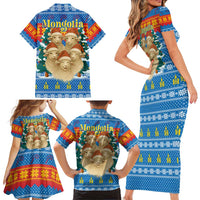 Mongolia Christmas Family Matching Short Sleeve Bodycon Dress and Hawaiian Shirt with Santa Sheep Christmas Trees and Snowflake - Wonder Print Shop