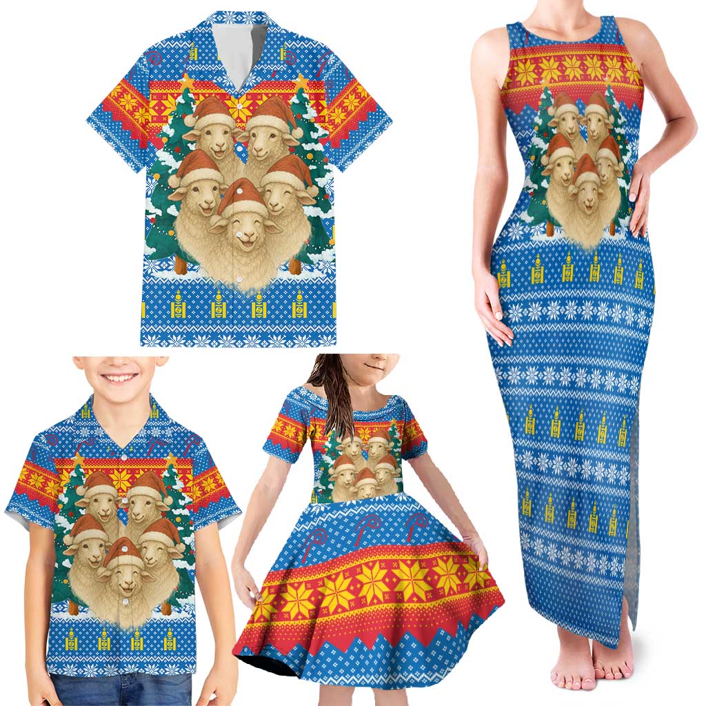 Mongolia Christmas Family Matching Tank Maxi Dress and Hawaiian Shirt with Santa Sheep Christmas Trees and Snowflake - Wonder Print Shop