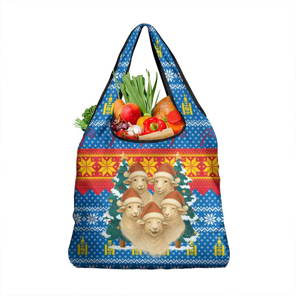 Mongolia Christmas Grocery Bag with Santa Sheep Christmas Trees and Snowflake - Wonder Print Shop