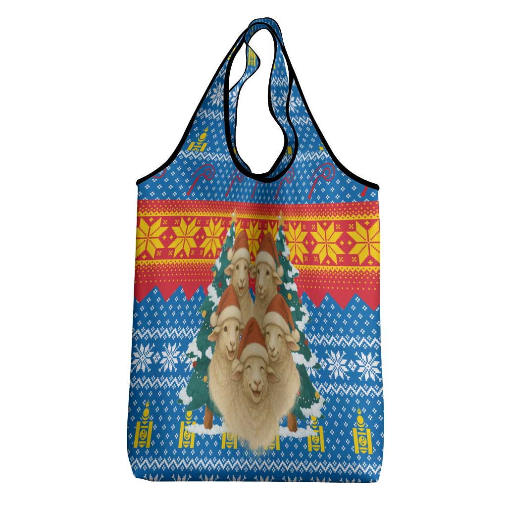 Mongolia Christmas Grocery Bag with Santa Sheep Christmas Trees and Snowflake - Wonder Print Shop
