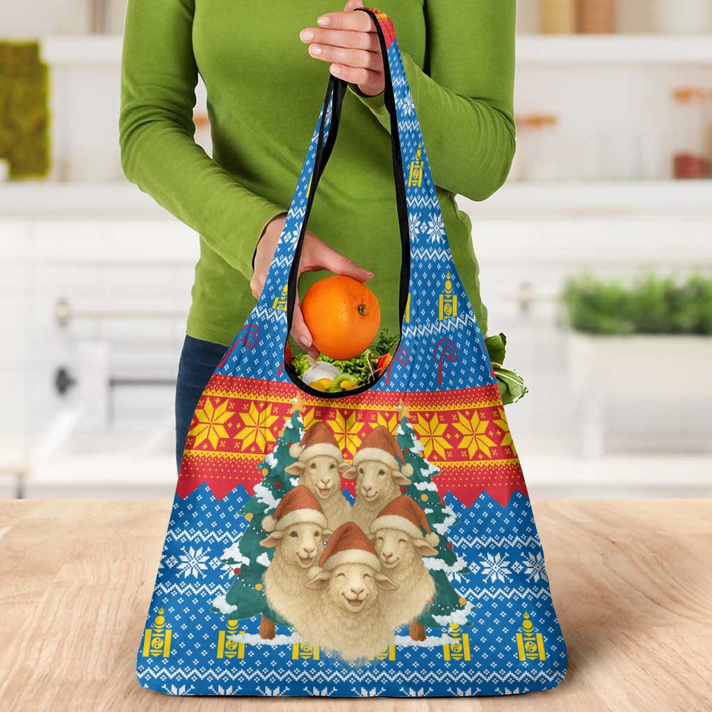 Mongolia Christmas Grocery Bag with Santa Sheep Christmas Trees and Snowflake - Wonder Print Shop