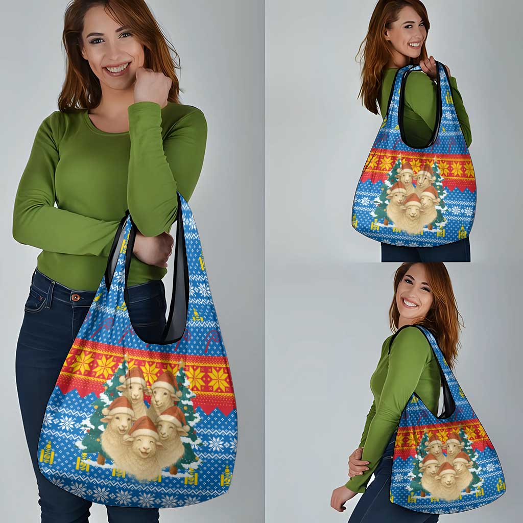 Mongolia Christmas Grocery Bag with Santa Sheep Christmas Trees and Snowflake - Wonder Print Shop