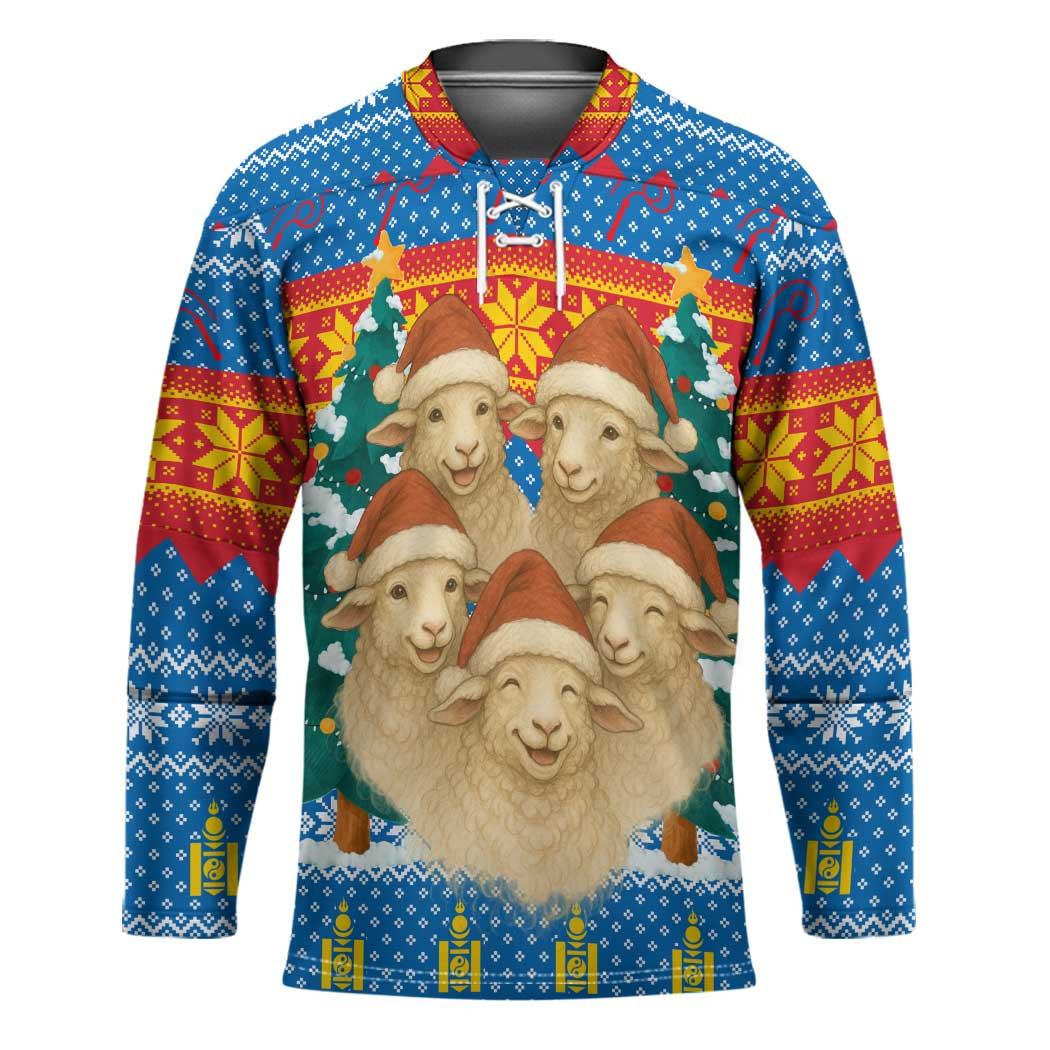 Mongolia Christmas Hockey Jersey with Santa Sheep Christmas Trees and Snowflake - Wonder Print Shop