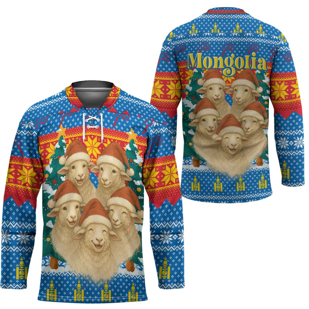 Mongolia Christmas Hockey Jersey with Santa Sheep Christmas Trees and Snowflake - Wonder Print Shop