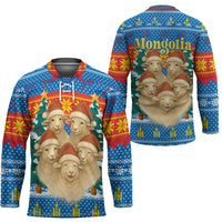 Mongolia Christmas Hockey Jersey with Santa Sheep Christmas Trees and Snowflake - Wonder Print Shop