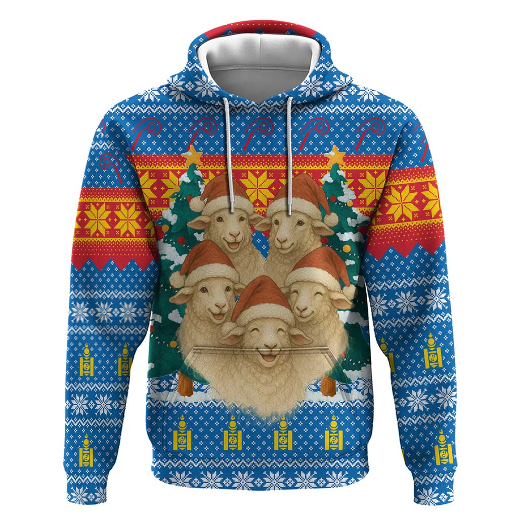Mongolia Christmas Hoodie with Santa Sheep Christmas Trees and Snowflake - Wonder Print Shop